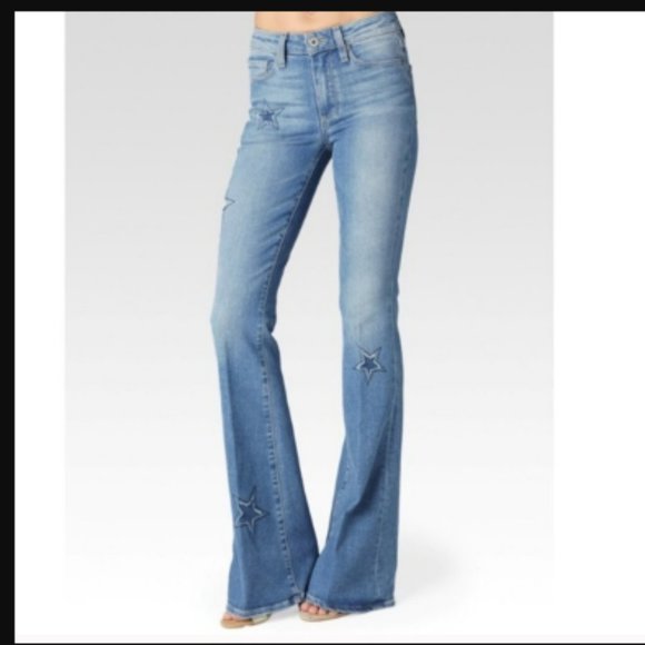 PAIGE Galaxy Patchwork Jean in High Rise Bell Canyon Athena Indigo Star 28 TALL - Picture 1 of 14